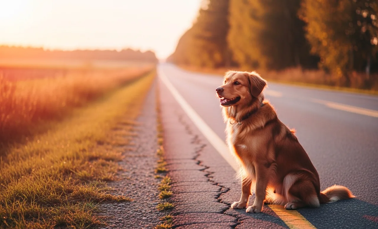 Perro perdido en la calzada